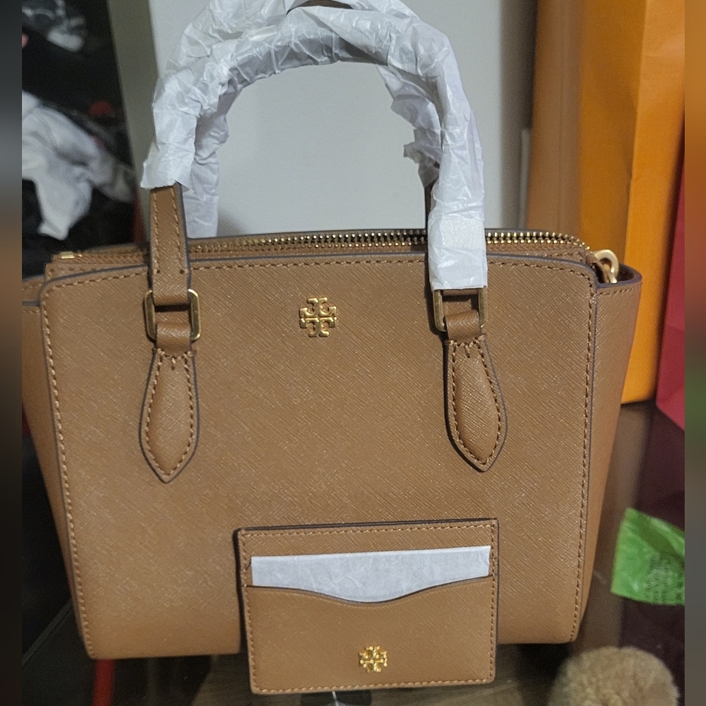 Tory burch brown mini tote with matching cardholder